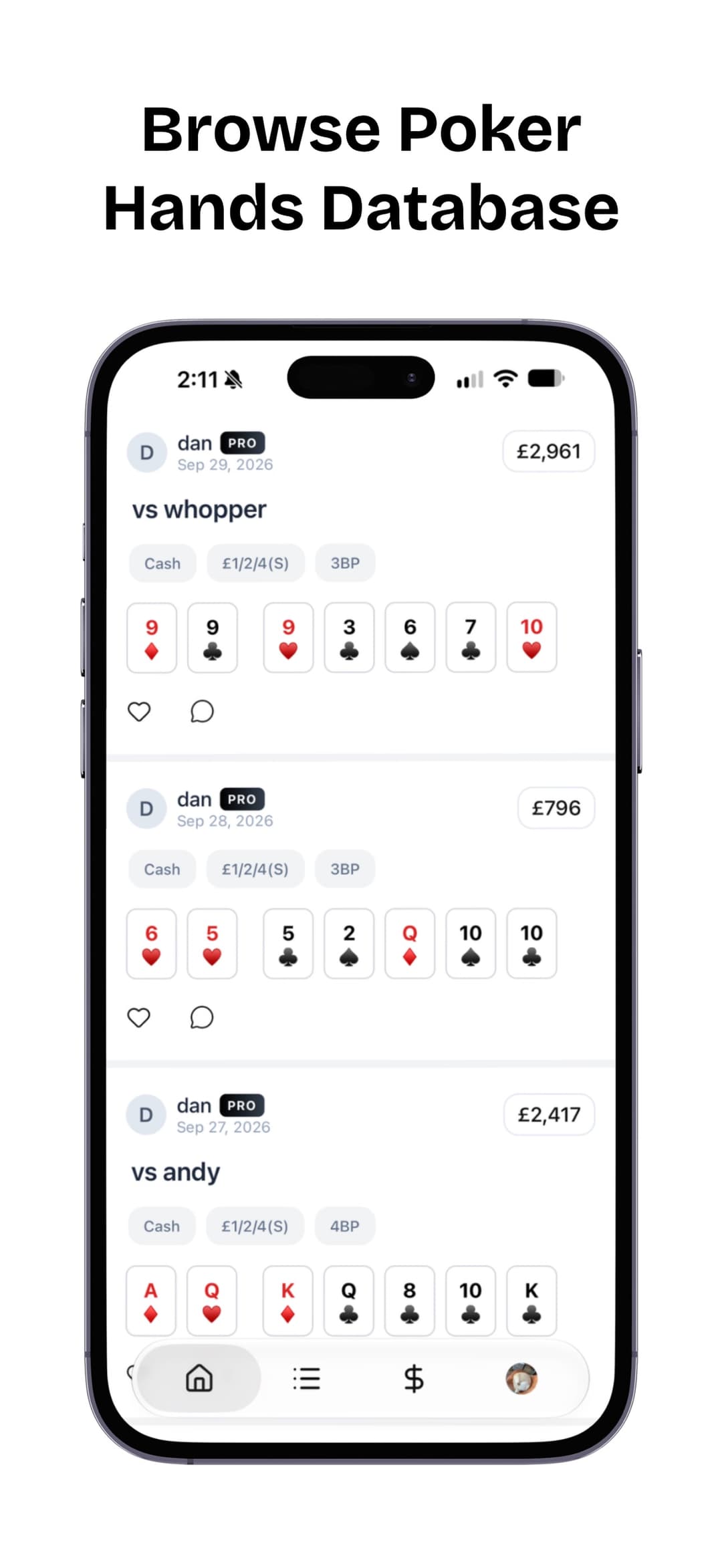 Community feed of shared poker hands